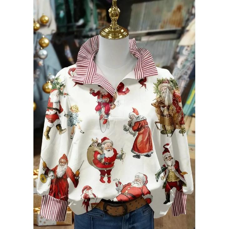 Women's Retro Christmas Pattern Blouse - Turn-Down Collar Long Sleeve, Loose Casual Silhouette, Festive Gift Tree Print Top Suitable for Fall/Winter