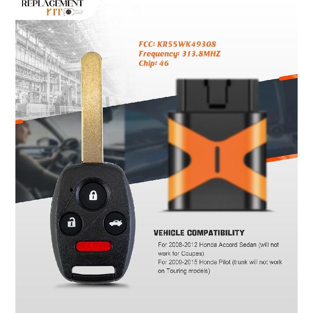 Simple Key Replacement Kit for Honda KR55WK49308 Fits Accord 4 Doors Sedan 2008 2009 2010 2011 2012