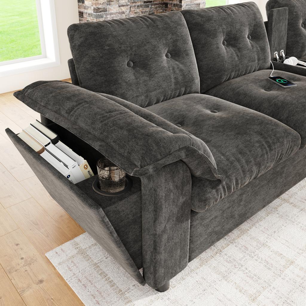 Modular 6-Seater Corner Sofa in U-/L-Shape with Two Movable Storage Stools, Center Console, Cup Holders, USB/Type-C and LED; Chenille Fabric, Grey
