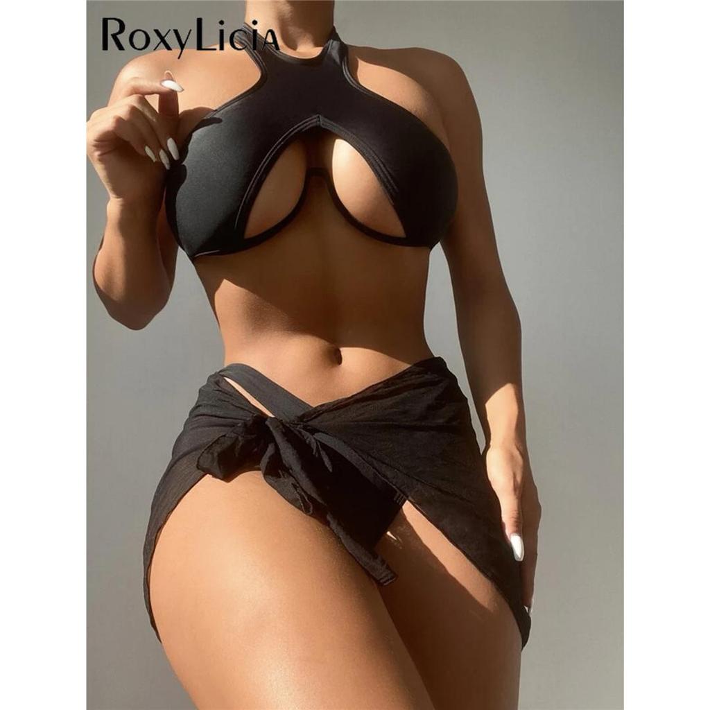 Mit Sarong Bügel Cut Out Bikini Frauen Bademode Weiblichen Badeanzug Drei-stück Bikini set Badende Badeanzug Schwimmen Dame