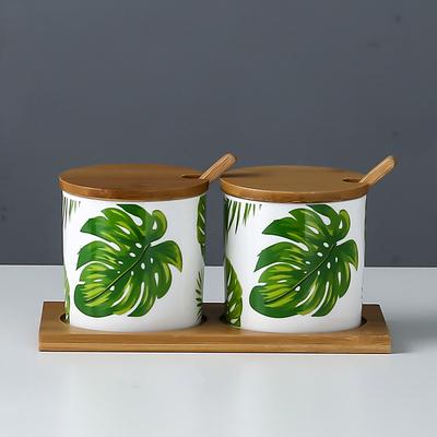 Kitchen seasoning tools ceramic seasoning jar set marble pattern cruet bamboo tray kitchen supplies seasoning box salt shaker