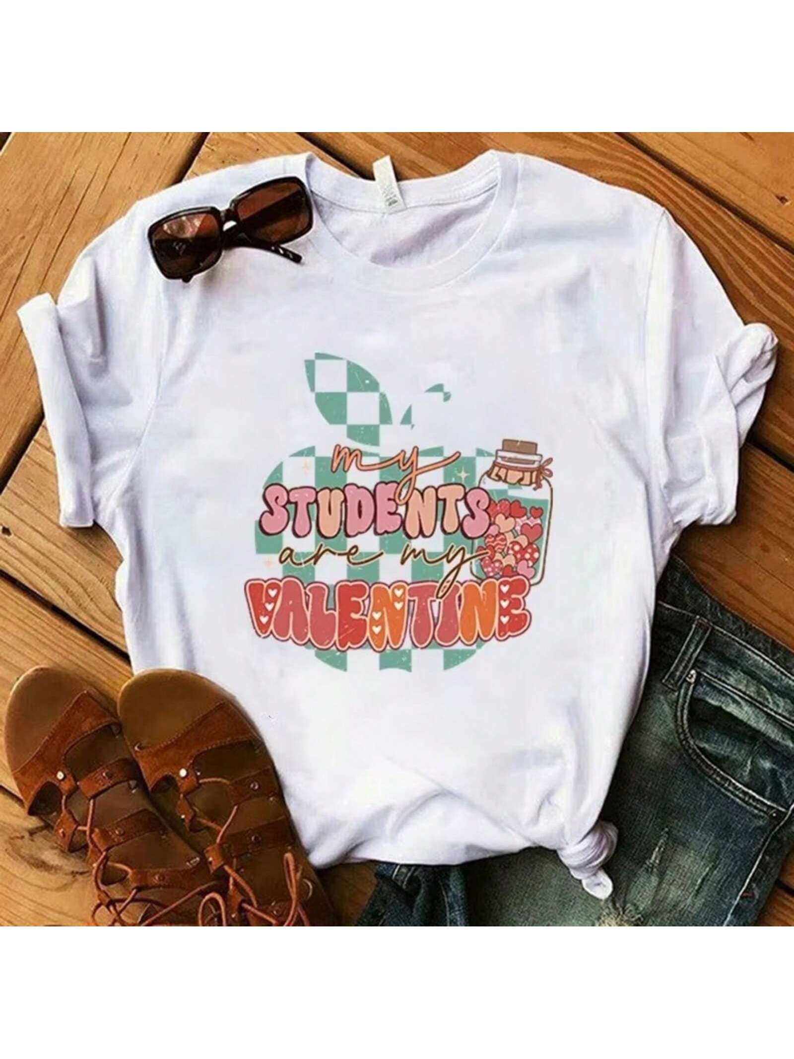 Wounisex unisex Funny My Students Are My Valentine Printed T-Shirt Summer Short Sleeved Tops S разноцветный