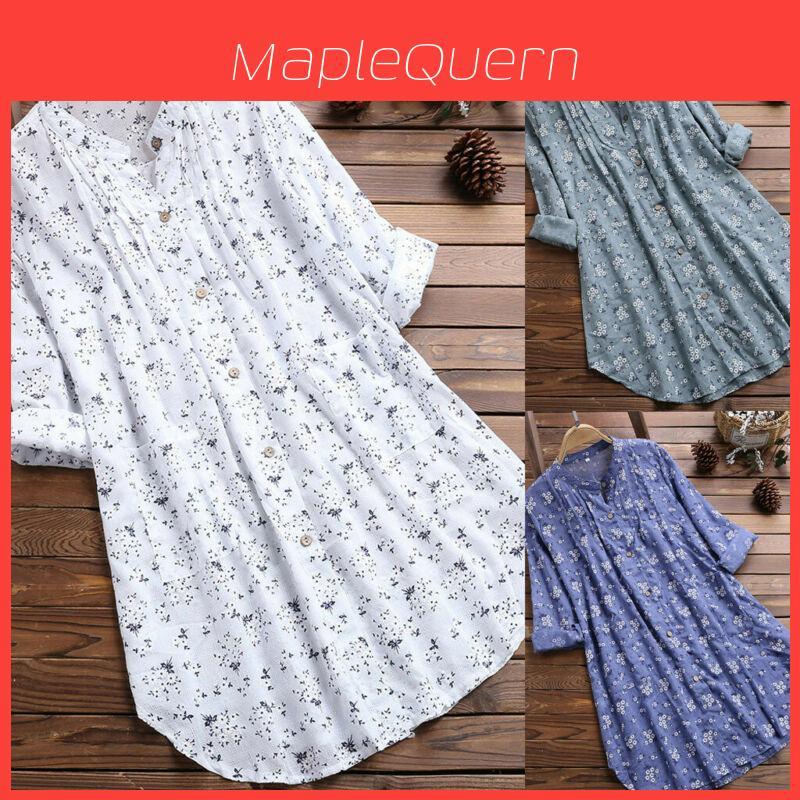 Elegant Women V-neck Long Sleeve Flower Print Linen Shirt Ladies Casual Loose Blouse Top