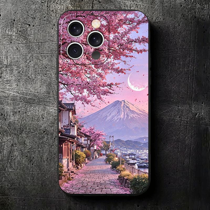 Japanese Pink Cherry Mount Fuji Soft Phone Case for iPhone 16 16E 17 Air 15 Pro Max 14 Plus 13 Mini 11 12 7 Black Cover Back She