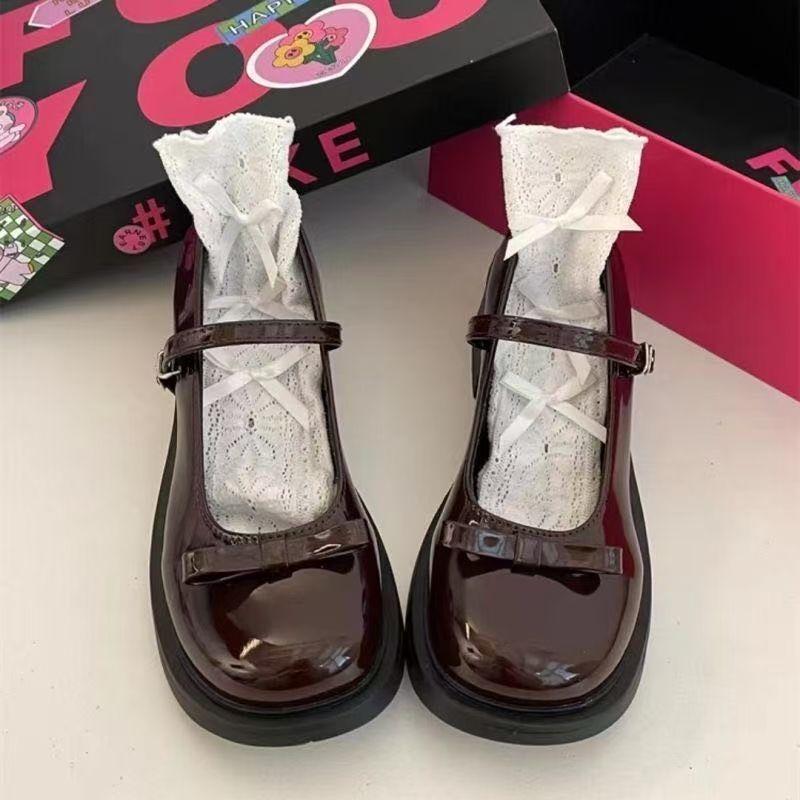 Bow Brown Round Head British Jk Small Leather Shoes French Retro High Heel Mary Jane Shoes Women's New Summer
