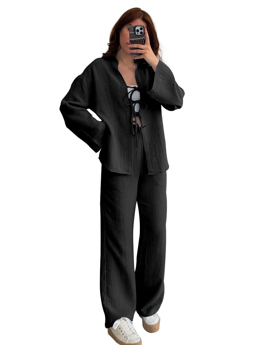 

Весенне-летний однотонный кардиган с длинными рукавами, женский модный повседневный брючный костюм S чёрный