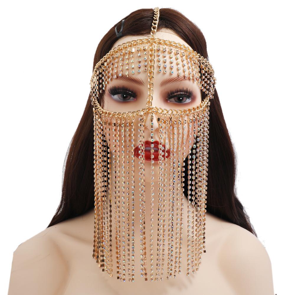 Fashion Rhinestone Decoration With Tassel Design Women Headwear Face Curtain For Nightclub Party And Performance