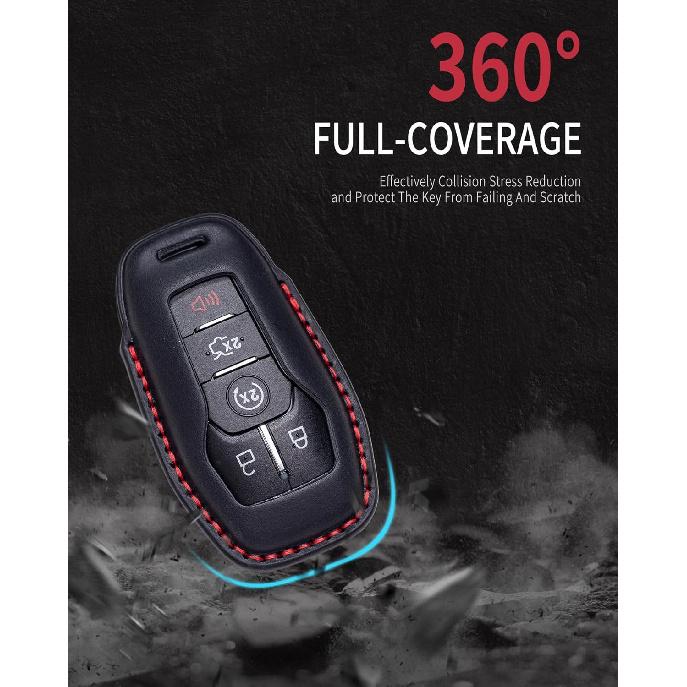 for Ford and for Lincoln Key Fob Cover Leather Car Key Chain Case Holder Compatible for Explorer Mustang Edge Fusion F150 MKZ MKC -Black