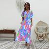 Summer New Elegant Long Dress V-Neck Printing High Waist Loose Swing Short Sleeve Dress Women