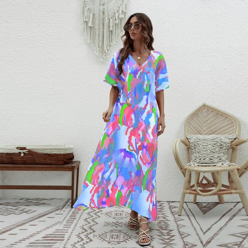 Summer New Elegant Long Dress V-Neck Printing High Waist Loose Swing Short Sleeve Dress Women