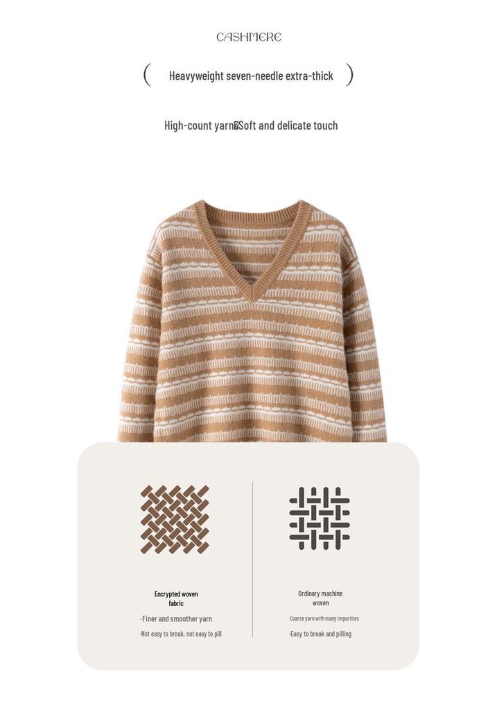 Women's Color Block V-Neck Cashmere Sweater - 2025 Autumn/Winter Korean Style Loose Slimming Pullover