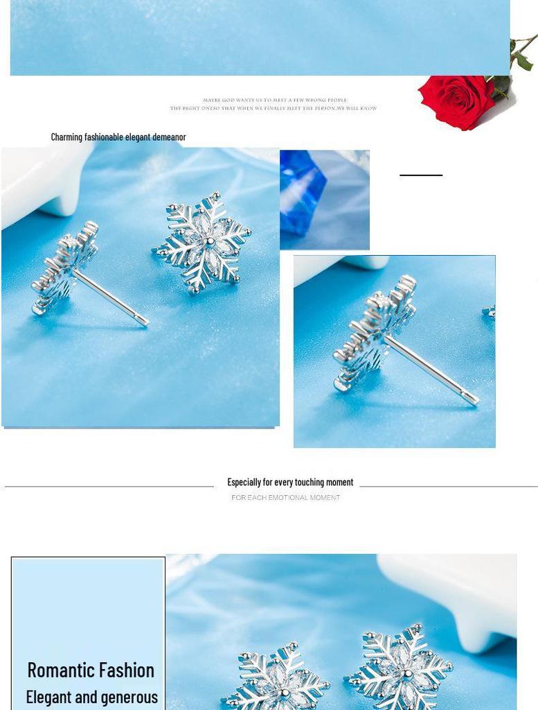 Sterling Silver Snowflake Stud Earrings with Marquise Cut Diamonds – Elegant Women's Christmas Fashion