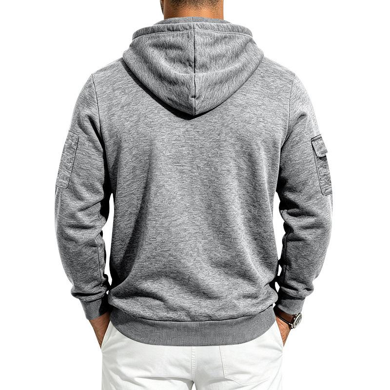Men Heather Full Zip Hoodie Jacket, Drawstring Hood Long Sleeve Sweatshirt With Multi Arm Cargo Pockets Casual Outdoor Zip Up Hooded Coat