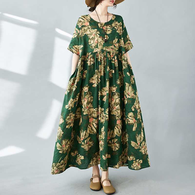 Simple Bohemian Print Dress Short Sleeve Round Neck Summer New Style Elegant Feel Long Dresses Women's Clothing