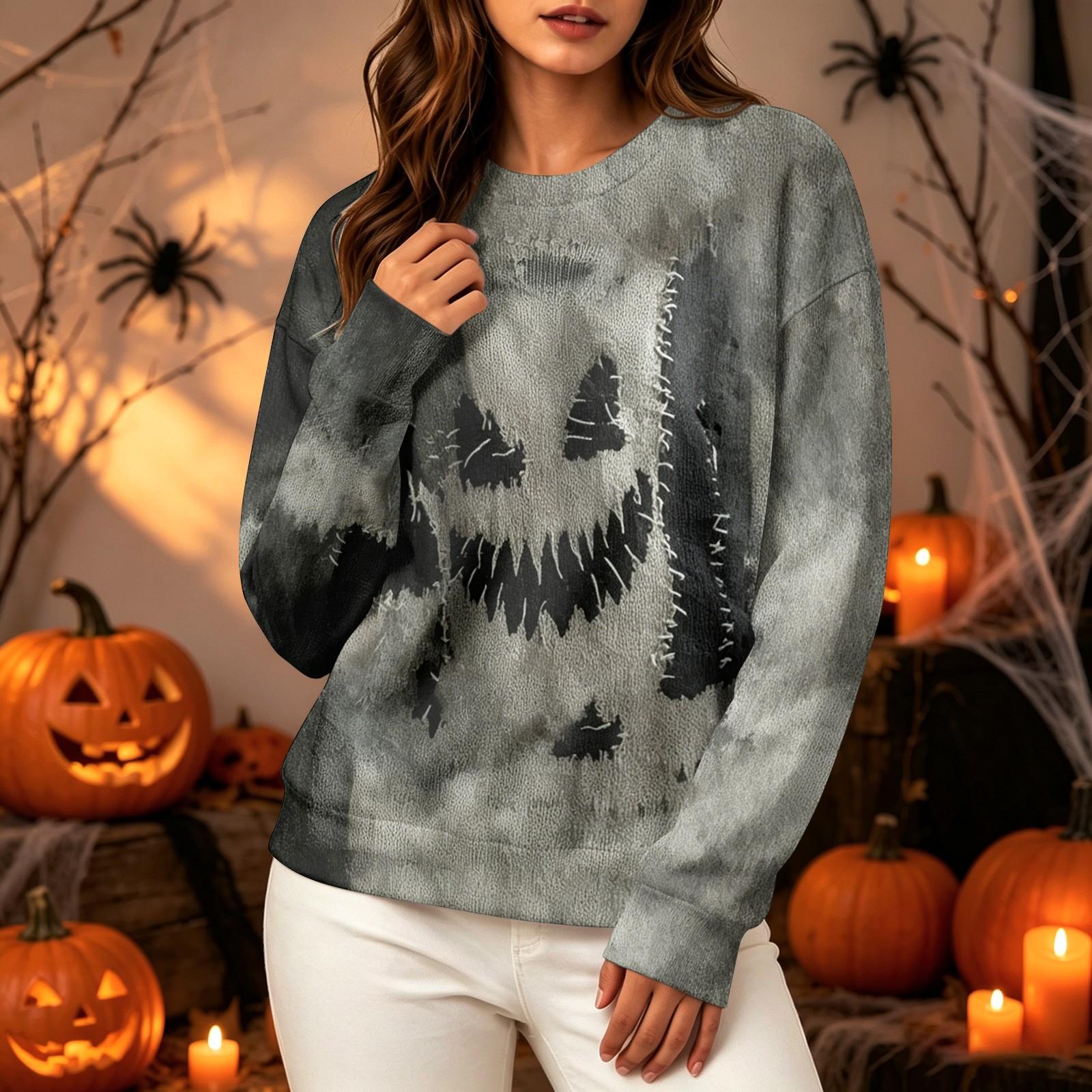 Women s fashion casual long-sleeved halloween printed round neck sweater top XL