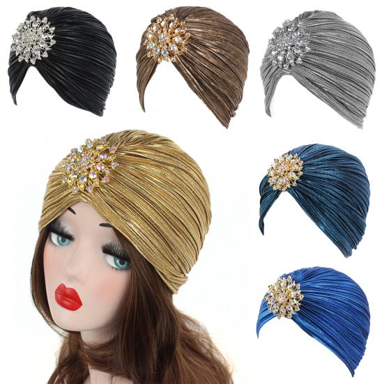 Headscarf Hat with Fancy Pleats Rhinestones Retro Style Women Turban Hat 20s 30s Vintage Headpiece Hair Accessories