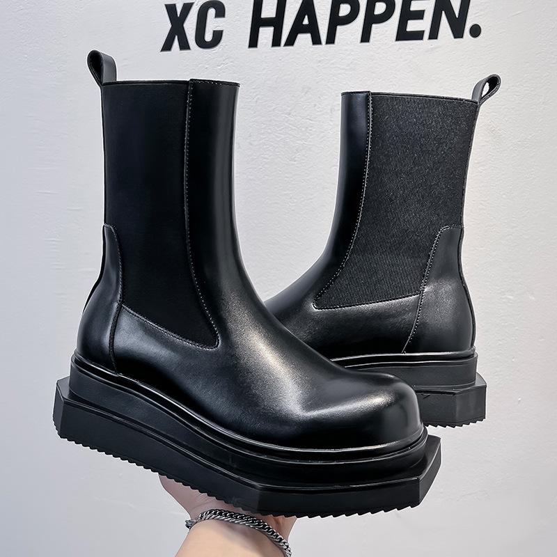 Thick-soled medium tube round head Chelsea boots dark square head cigarette tube short boots British men's big head Martin boots 68555-A