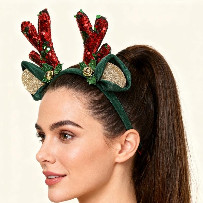 Christmas Sequined Reindeer Antler Bells Hairband Soft Fabric Headpiece For Kids Adults Holiday Party Accessory