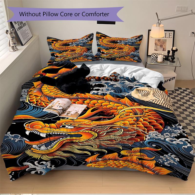 3pcs Dragon Wave Design Duvet Cover Set - Machine Washable, Includes 1 Cover and 2 Pillowcases, No Core Included yy251013136