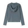 QIYOU 2026 Spring Women's Blue-Gray Striped Retro Casual Slimming Hooded Sweatshirt