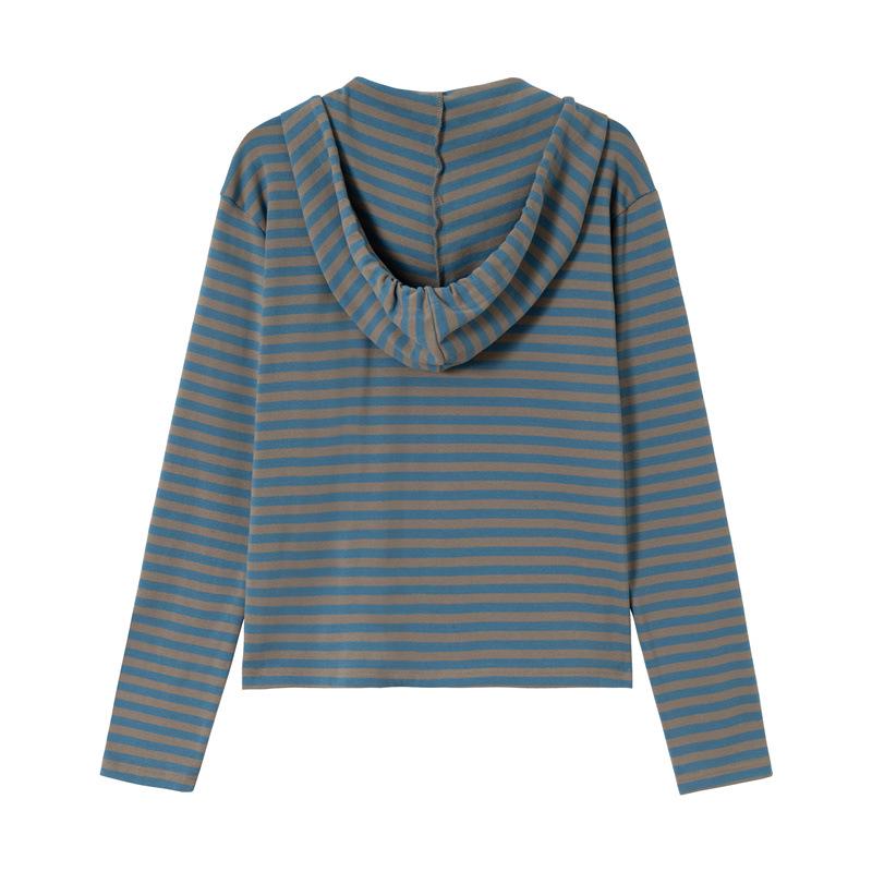QIYOU 2026 Spring Women's Blue-Gray Striped Retro Casual Slimming Hooded Sweatshirt