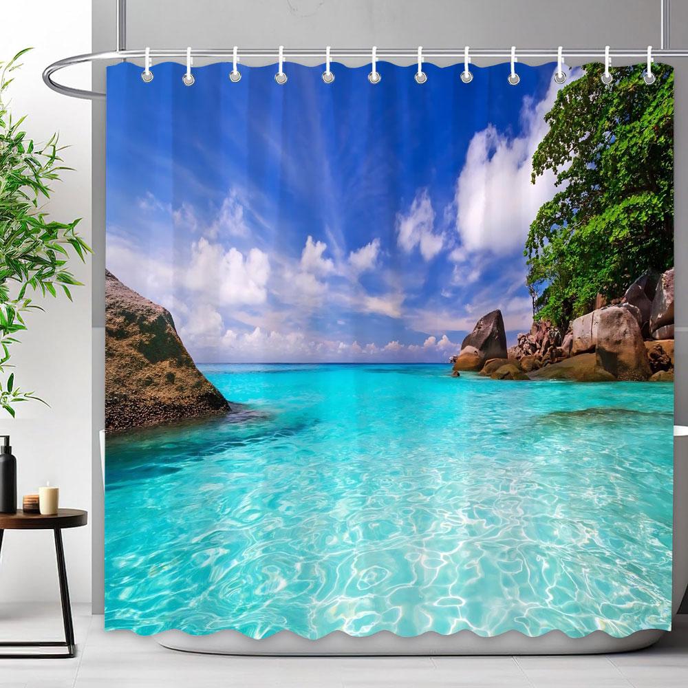 Sceneria Morska Zasłona Prysznicowa Niebieski Ocean Plaża Tropikalne Lasy Outdoor Natura Krajobraz Poliestrowe Zasłony Prysznicowe Wystrój Łazienki
