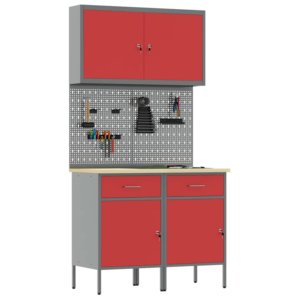 Workbench with Drawers 5 pcs Red Engineered Wood and Steel