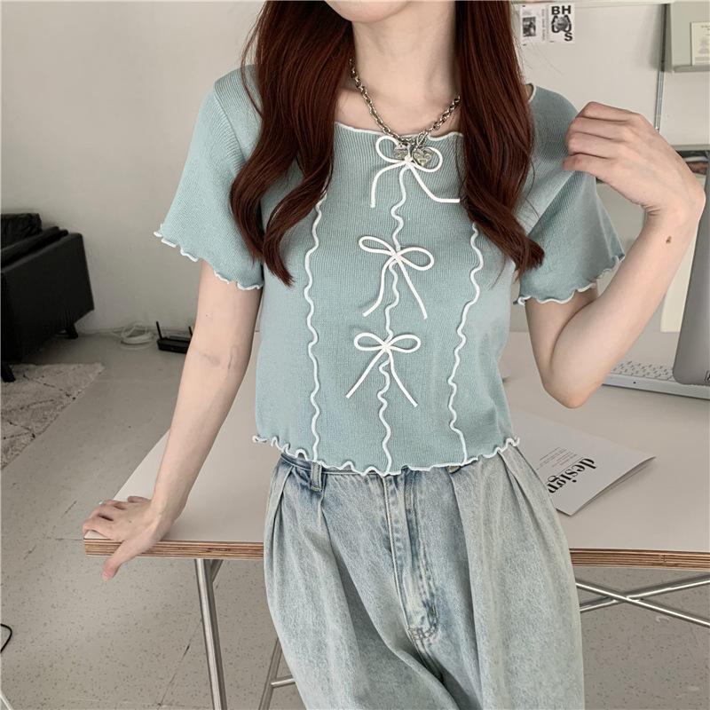 Bow Tie Wave Edge Color Collision Short-sleeved T-shirt Female Summer Slim Short Section Small Shirt Tops Casual Essential Slim Fit Pullovers Tees