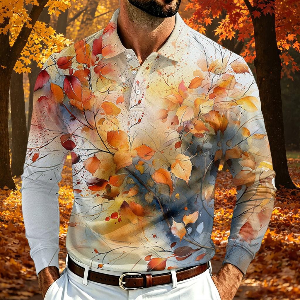 Camicia da Uomo a Maniche Lunghe in Rete con Collo a Revers e Stampa Foglia d'Acero Leggera Traspirante per Autunno e Inverno