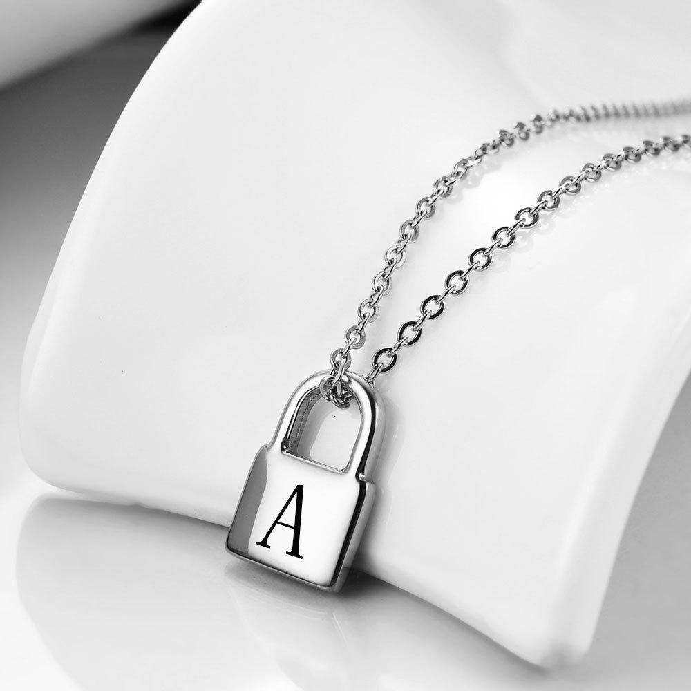Elegant 12MM Padlock Necklace with Laser-Engraved Initials 26 Letters for Women