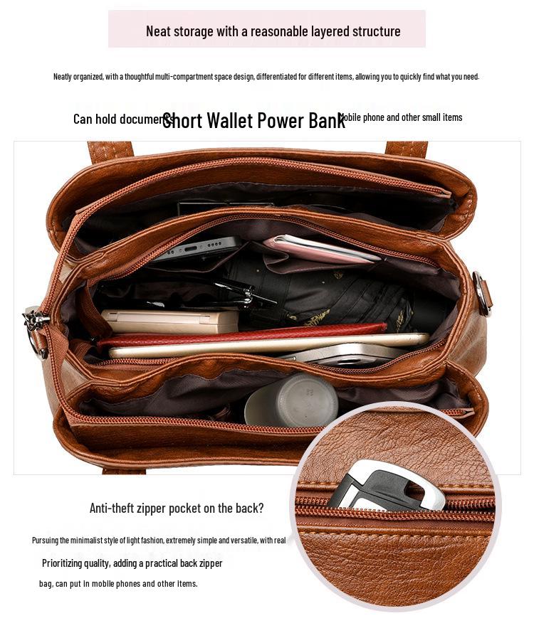 Duża pojemność Retro Miękka skóra Torba Mom – Damska Europejski i Amerykański Styl Jednoramienna Crossbody