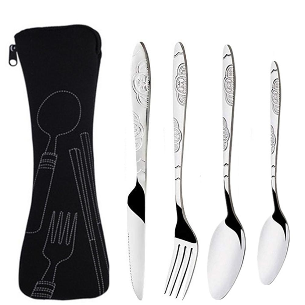 3Pcs/4Pcs/7Pcs Set Dinnerware Portable Printed Knifes Fork Spoon Stainless Steel Family Camping Steak Cutlery Tableware with Bag