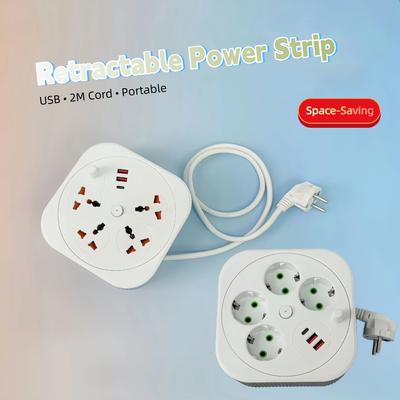 Retractable USB Power Strip – Square Portable Extension Cord with 2-Meter Cable, Multi-Socket Charging Station
