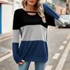 Ladies' Fashionable And Comfortable Color Blocked Hollow Out Low Round Neck Loose Long Sleeved Top
