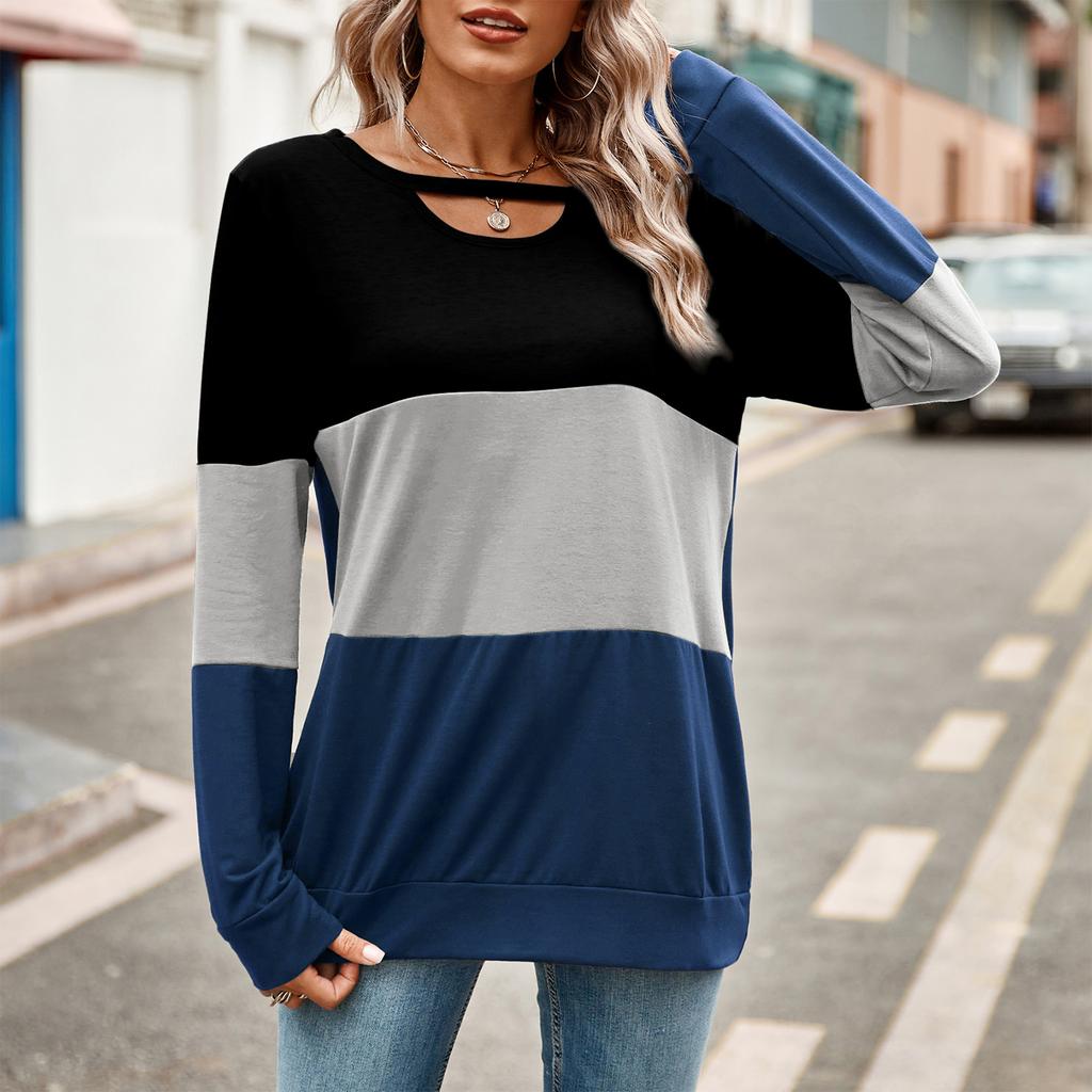 Ladies' Fashionable And Comfortable Color Blocked Hollow Out Low Round Neck Loose Long Sleeved Top