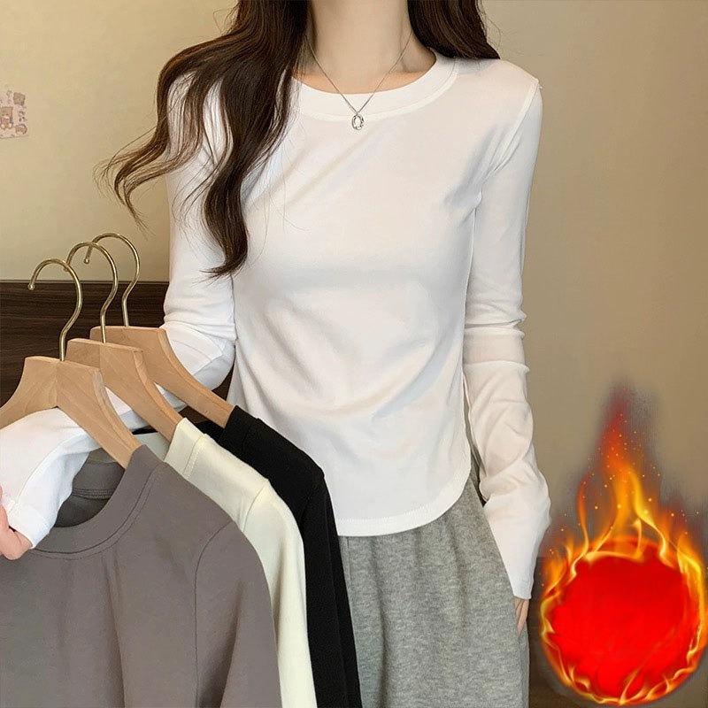 Women's Fleece Lined Base Layer Top for Autumn and Winter Long Sleeve T-Shirt Crew Neck Solid Color Elegant Versatile Slim Fit Warm Inner Wear