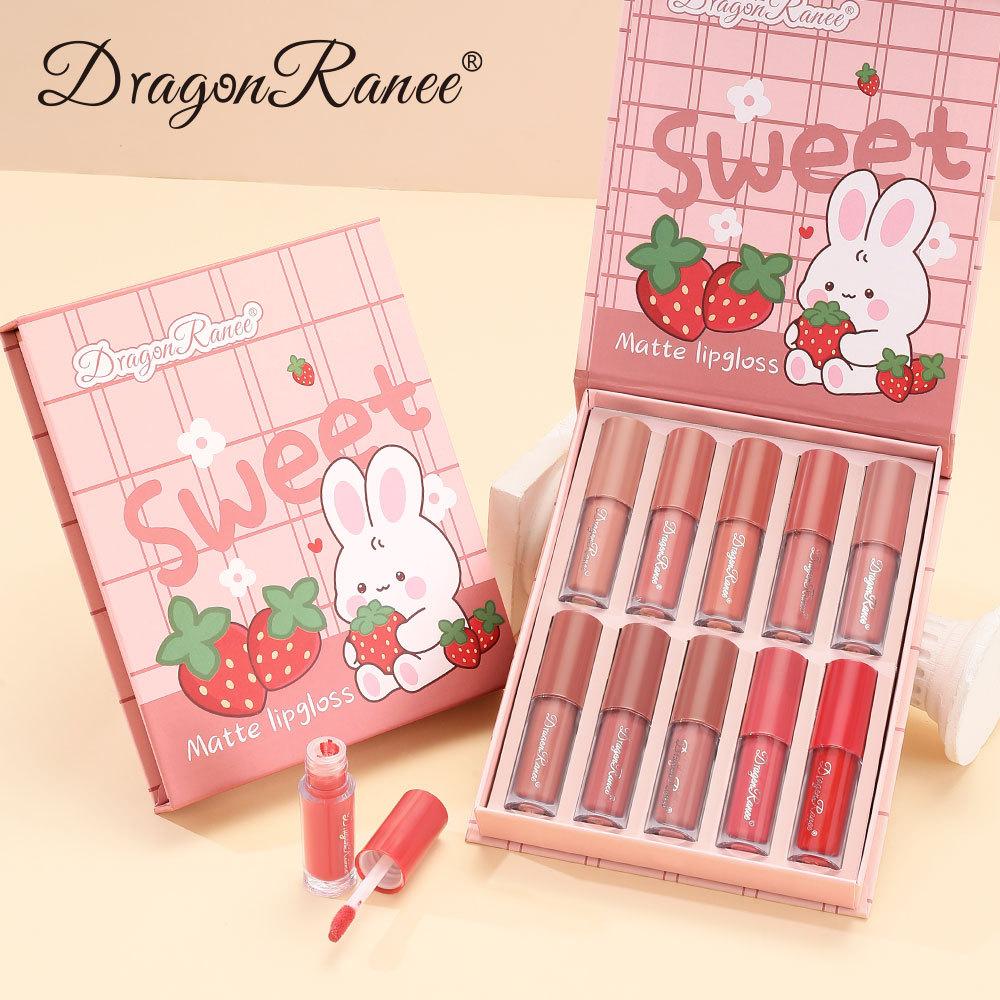 10-piece Lip Gloss Cartoon Set, Not Easy To Stick To Cups, Velvet Matte Lip Gloss Liquid Waterproof Lipstick Matte Cute Set Box