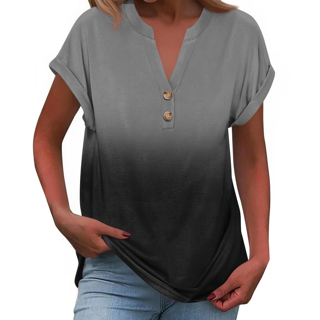 Women's Fashionable Casual Loose-Fit Short-Sleeved Button-Up V-Neck Printed T-Shirt Top