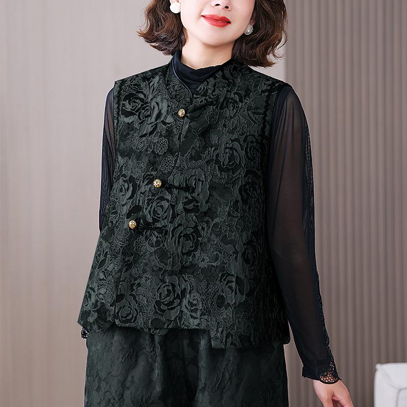 Dame Høst/Vinter Forbedret Tangdrakt Vattert Vest med Ståkrage - Kinesisk Nasjonalstil Jacquard Yttertøy.