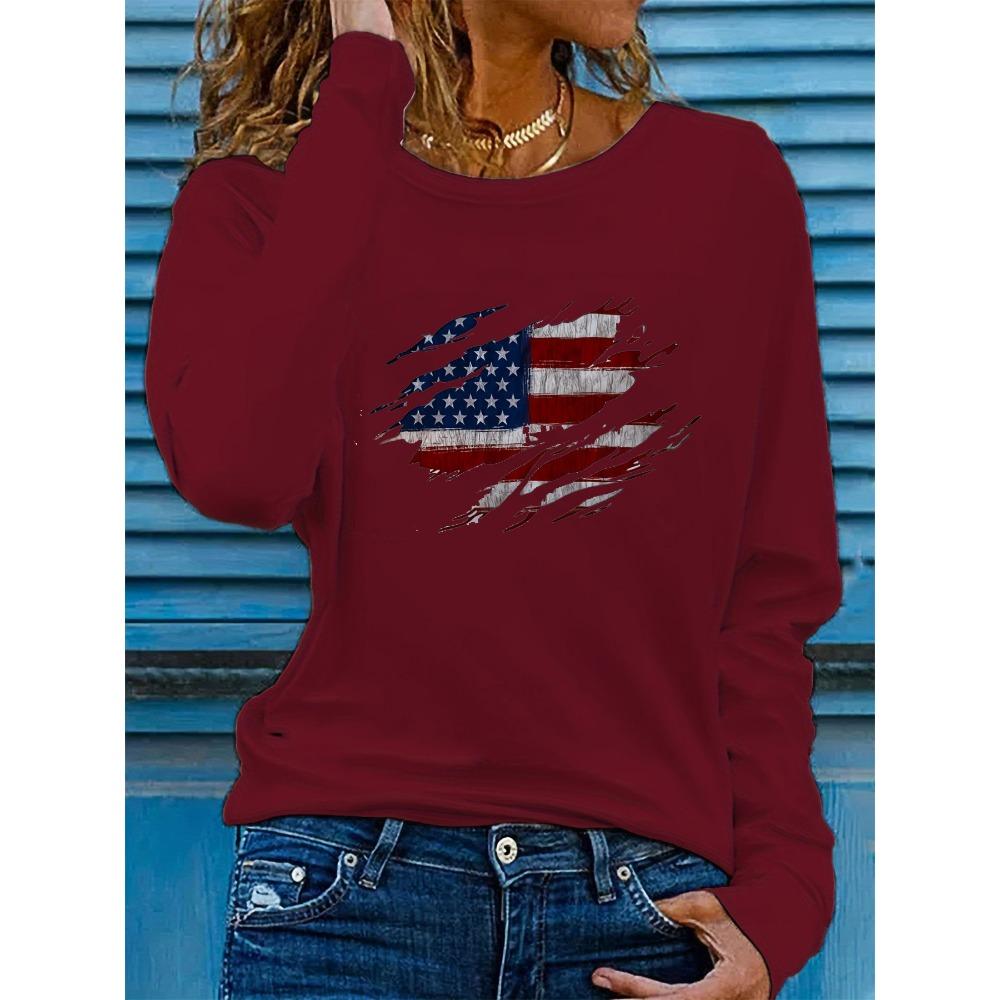 Women's Spring and Autumn Comfortable Casual Fashion Long Sleeve American Flag Pattern Printed Round Neck T-shirt