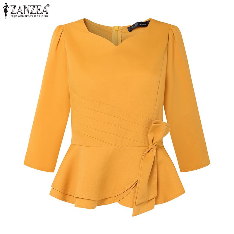 ZANZEA Women Casual V-Neck Solid Color 3/4 Sleeve Blouse