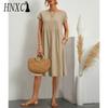 HNXC Women's Fashion Summer Spring Solid Color Print O-Neck High Waist Casual Dresses