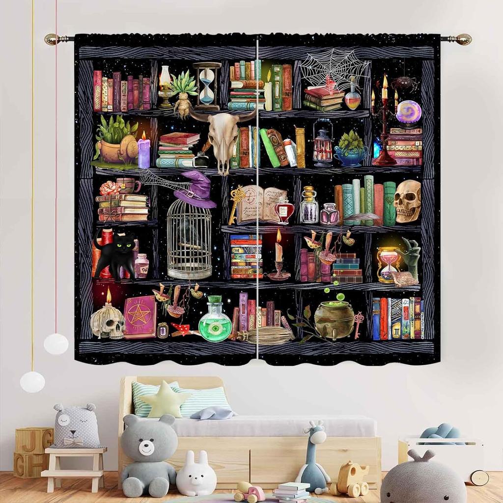Witchy Curtains Fantasy Magical Bookshelf Mysterious Bookcase Skull Spooky Gothe Window Drapery Treatments Vintage Blackout Made Of Polyester