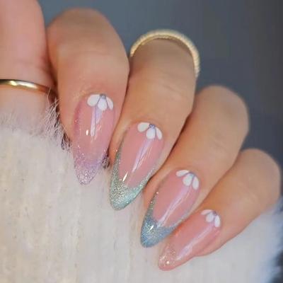 24 Pieces  Colorful French Aurora Glitter Flower Nail Art Tablets Sweet Niche Almond Wear Nail