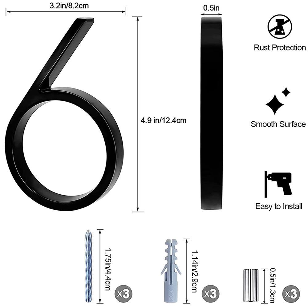 Număr de casă plutitor de 125 mm, alfabet de ușă cu litere moderne, 5 inchi, în aer liber, numere negre 3D, plăci cu numere de ușă pentru adresă pentru perete