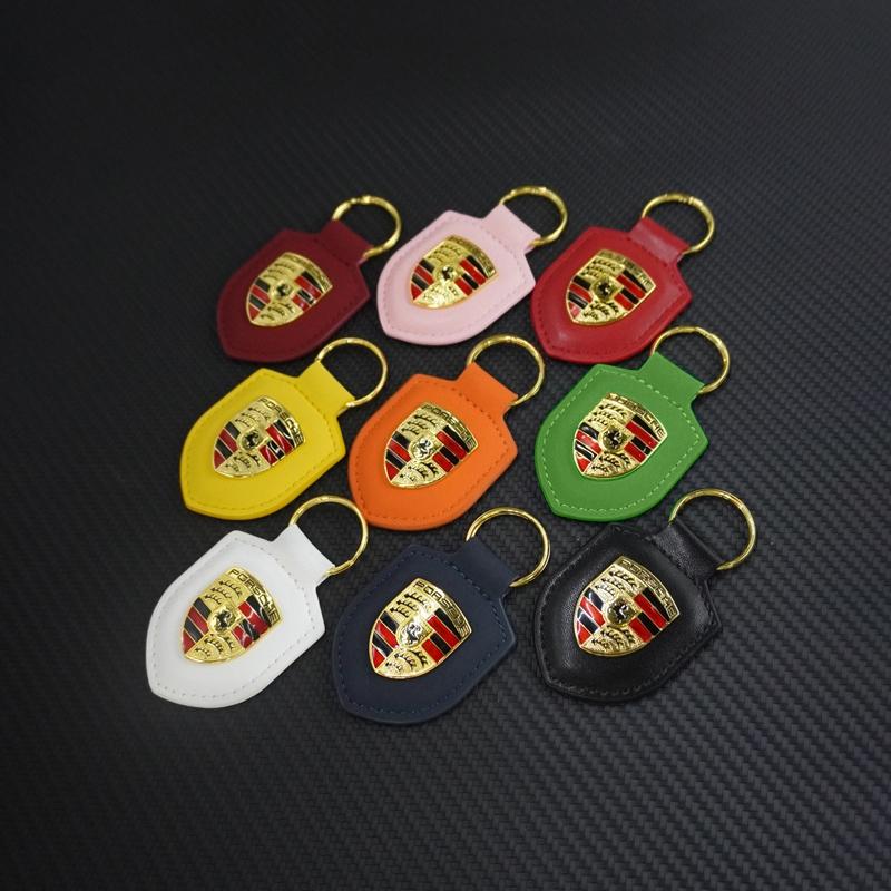 Fashion Leather Metal Keychain Car Styling Luxury Keyring For Porsche Cayenne Panamera Macan 911 Taycan Boxster Cayman 918 Pajun