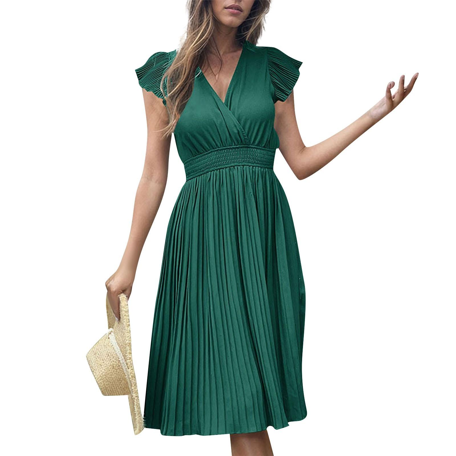

Женское повседневное свободное и модное плиссированное платье с V-образным вырезом и короткими рукавами, однотонное платье XL зелёный