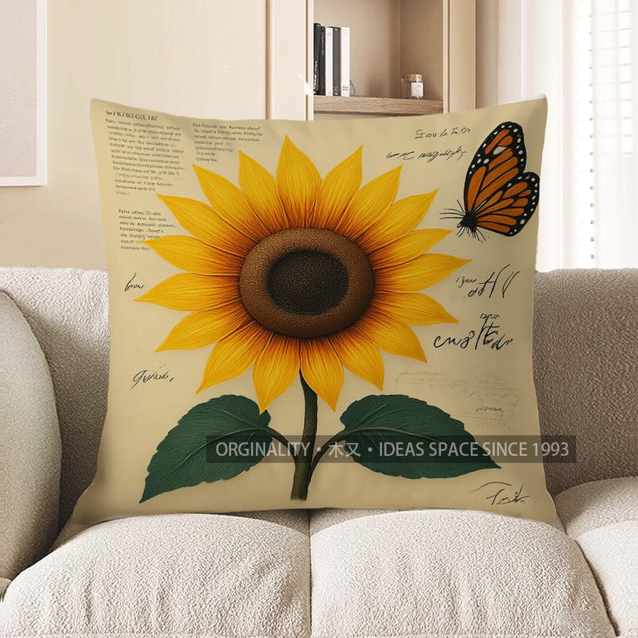 Home Decor Sunflower & Bird With Vintage Script Design Pattern Cushion Cover Suitable For Sofa Bedroom Car Pillow Cover