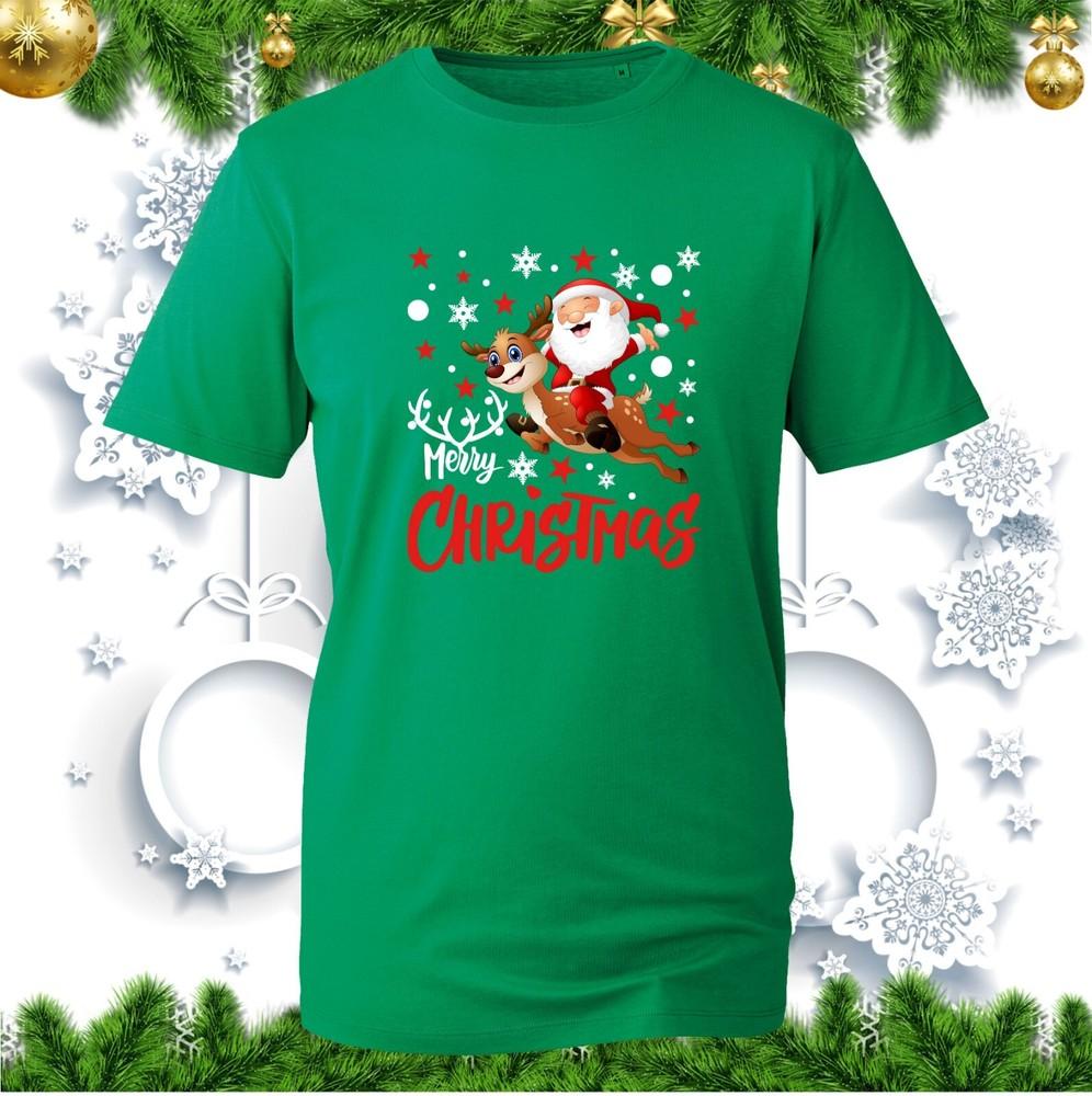 Merry Christmas Santa Claus Riding On Reindeer Tshirt Xmas Santa Lovers Tee Top S
