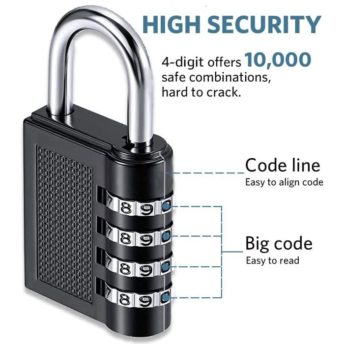 Cadenas - Étanche - 4 chiffres - Antirouille - Utilisation intérieure et extérieure